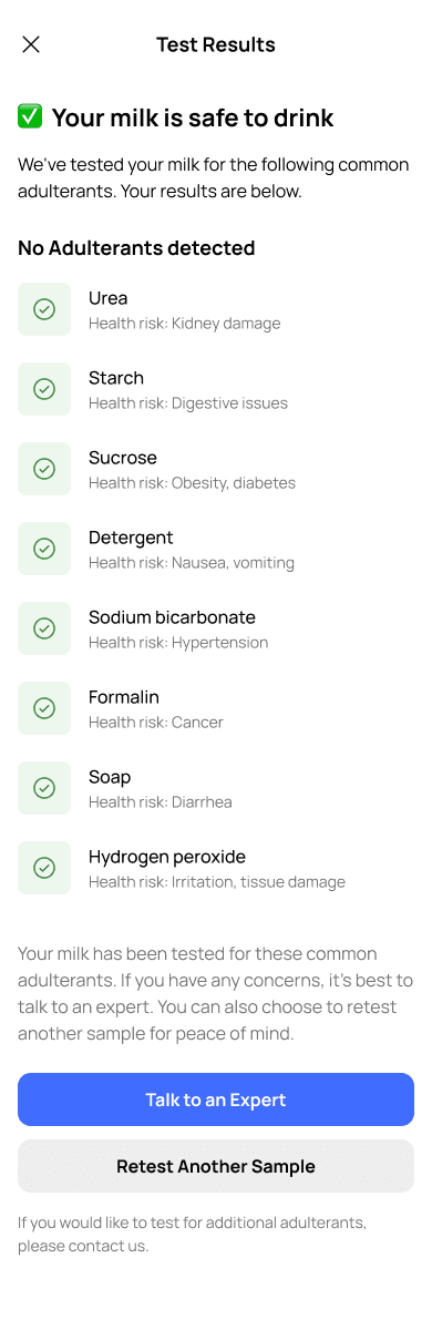 MilkTrak safe milk test result