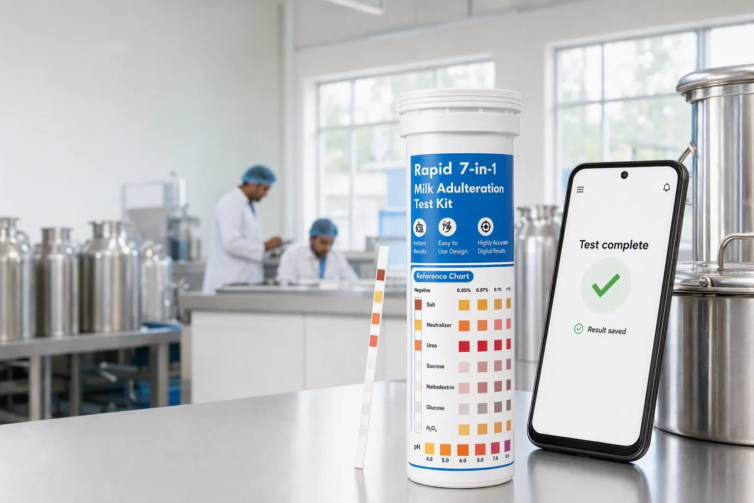 MilkTrak Rapid 7-in-1 kit beside a phone showing a saved MilkTrak test result
