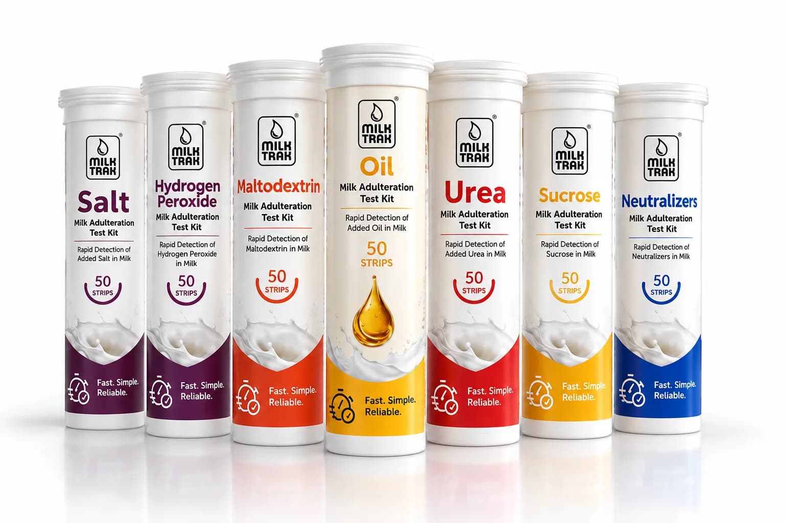 A selection of MilkTrak single-parameter test strip bottles